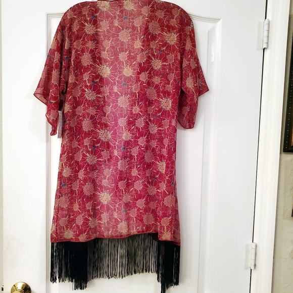 Lularoe Monroe S Maroon With Beige Flowers Black Fringe NWT - Picture 2 of 10